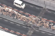 阪神高速道路で大型トラックからダンボール７００箱落下した結果、１００ｍに渡ってウェットティッシュロードが出現してしまう