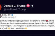 【悲報】トランプ大統領｢中国･ロシアは敵ではない、真の敵はNATOと国連だ｣というポストを共有