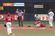 【GIF】大山に当たったボールでなぜか広島・會澤が倒れる