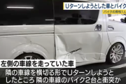 Uターン禁止の道路で左側車線からUターンしようとしバイク２台と衝突、バイクの運転手１人が死亡