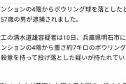 【悲報】ボウリングの球をマンション4階ら落とした57歳が逮捕される・・・