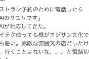 【画像】女さん「食事の予約取ろうとしたら応答したAIが女性の声。オジサン文化で気持ち悪い。二度と行かない」