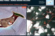 トンガの島、陸地の大部分が消失　他の島々も色の失われた世界に