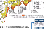 南海トラフ巨大地震　臨時情報「巨大地震警戒」発表時、事前避難の対象者は52万人に　内閣府