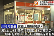 郵便局の元総務部長、切手1億3千万円分を廃棄せず金券ショップで換金