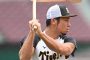 阪神江越、試合前練習でトンボを持ちイメージトレーニングをする