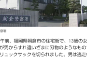 【速報】女子中学生（13）40代男に刃物で切りつけられたと通報 → ウソでした