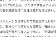 男性の約５０％が１人で外食ができないらしい。『１人で外食する人間見るとイライラする』『とても不愉快』『気持ち悪い』『１人は店側も歓迎してないよ』