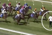 競馬場で自殺行為。ゴール前の馬の目の前に飛び出したとんでもない迷惑男の映像。