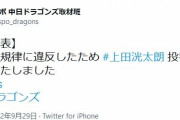 悲報　中日・上田洸太朗 、チームの規律に違反したため謹慎処分