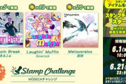 【jubeat】(22/06/01)「スタンプチャレンジ」が開催！ アプリ版ユビートに収録されているミュゼカからの移植曲「Chippin Break」「Laughin' Muffin」「Metsysralos」の3曲が登場！！