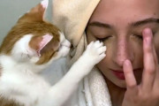 専属のメイクさんは猫！肉球でポンポンとキャットアイメイクのお手伝い