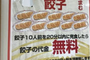 餃子の王将「餃子10人前を20分以内に完食したら餃子の代金無料！」←いや普通に行けるやろ？