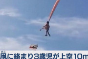 台湾の凧揚げ大会中に３歳の女の子が長い帯状の凧にからまり、一時地上１０メートルの高さまで宙に浮く事故が発生