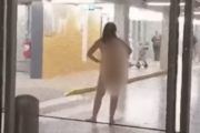 【動画】空港に全裸女が出現、金切り声を上げジャンプしたり通行人を襲うなど大暴れ