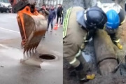 【動画】下水管の男救出作戦。直径30センチの下水管の奥深くに挟まっていた男が救助される。