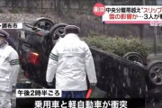 雪でスリップして中央分離帯に突っ込んでひっくり返った車カスのタイヤをご覧ください