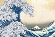 北斎と猫って良く合う！葛飾北斎の「神奈川沖浪裏」の波が白猫だったら？