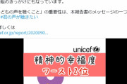 日本ユニセフ協会　「日本の子どもの精神的幸福度は３８カ国中３７位です」