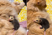 お母さんここにいた！家に迷い込んだオポッサムの子、オス猫を母親と思いしがみつく