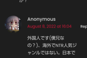 【悲報】外国人の兄「海外でNTRジャンルは人気ではありません」