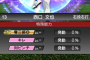 【プロスピA】TS西口が尻上がり→対ピンチの変更で強化されとる