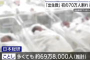 【悲報】今年1年間の出生数、初の70万人割れへ。終わりだよこの国