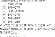 【悲報】本省勤務公務員「これが今週の勤務時間。ブラック過ぎワロタ」←3000RT
