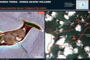トンガ海底火山の噴火前後の衛星写真を公開、海面上にあった陸地が消滅…国連衛星センター！