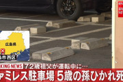 ファミレス駐車場で祖父(72)の車にひかれ、女児(5)死亡…バックで駐車、車止めを乗り越え別の車との間に挟まれる　広島
