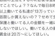 【悲報】Twitter「生活保護が13万貰えるのに、8時間働いてる私たちが13万しか貰えないのはおかしい」5万いいねｗｗｗｗｗｗｗｗ