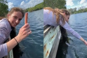 【動画】女性さん、ソーセージを餌に素手で魚釣りにチャレンジ→ヤバイことになる・・・