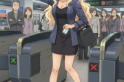 女さん「トコトコ、あ！改札だ(びっくり)ここで停止！(ピタッ)靴の底の定期ゴソゴソ」→残高切れ