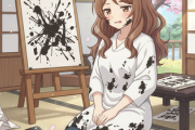 【悲報】キャワの書道で墨汁まみれ、服がヤバいことにwww