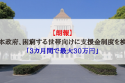 日本政府、困窮する世帯向けに新たな支援金制度を検討「3カ月間で最大30万円」