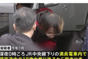 【痴漢/泥酔】満員電車内で女性(18)を追いかけ約15分間わいせつ行為をして怪我をさせた男(38)を逮捕　男は「酔っていて覚えていない」と否認