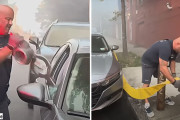 火災発生！消火栓の前に止めた車の窓ガラスを割りホースを通したニューヨークの消防隊