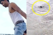 500ルピーの賭けに応じて川に飛び込んだ男が行方不明になった事故の映像。