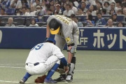 【中日対阪神24回戦】中日・宇佐見、阪神・ビーズリーのレガースの付けなおしを手伝ってあげる