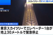 スカイツリー、地上30メートルの高さでエレベーターが停止、20人が6時間閉じ込められる