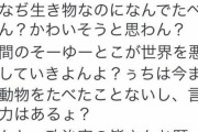 女さんのツイート『うち思うんやけど“動物を食べる”って、罪だよ？うちは今まで動物を食べたことないし、言う力はあるよ？』次ツイート『●●』←スレ民爆笑www