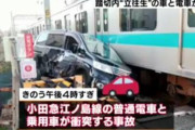 【悲報】女さんの運転する日産セレナが踏切で立ち往生して小田急と衝突