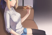 【FGO】ピザとコーラを食べる私服のセイバーさん！！　最強の組み合わせですね