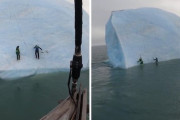 北極海で氷山に登ろうとしていたクライマー、氷山がひっくり返って海に落ちる