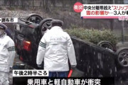 雪でスリップして中央分離帯に突っ込んでひっくり返った車カスのタイヤをご覧ください