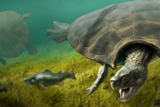 ガメラ！？全長３ｍの巨大ガメの甲羅の化石発見、ワニと格闘の痕も