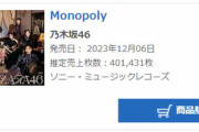 【乃木坂46】34thシングル「Monopoly」初日売上401,431枚