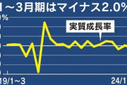 日本 GDP年率2.0%減 2024年1〜3月期､2四半期ぶりマイナス成長