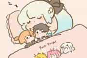 【FGO】ぐだ男＆ぐだ子人形と一緒に寝てるミニモルガン様！！　妖精騎士がプリントされた毛布かわいいなw