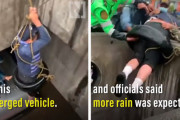 ペルーを襲った大雨の中、車に取り残されたおじさんがタイヤにはめられて救出される！